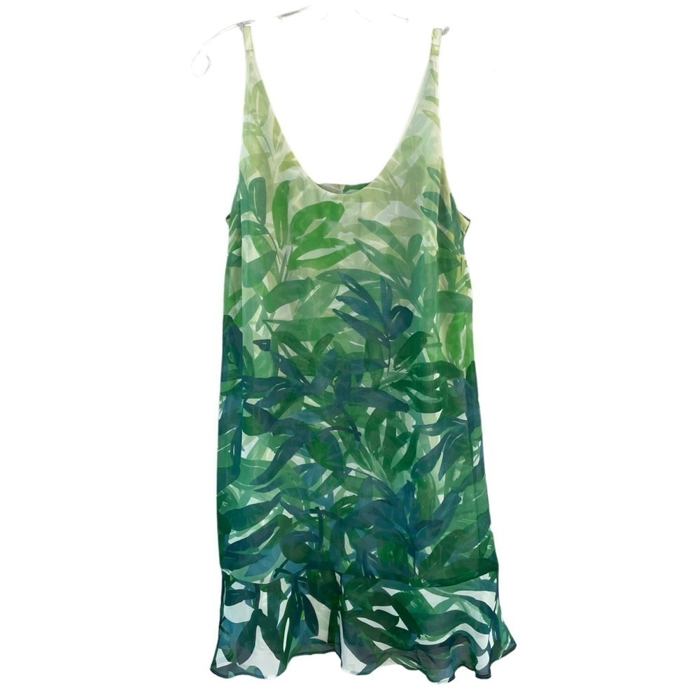 Cabi 5235 Castaway Green Tropical Leaves Beach Vacay Ruffle Tunic Slip Dress M